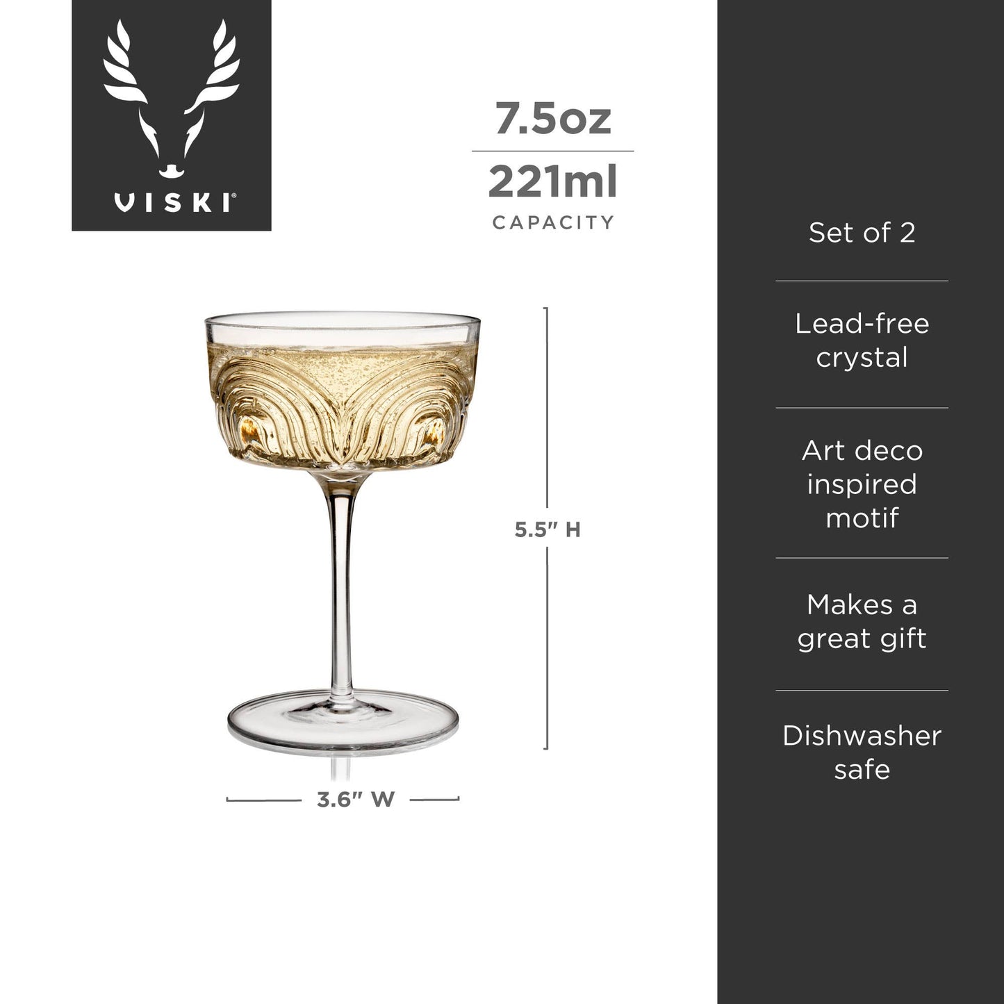 Viski Deco Beau Crystal Cocktail Coupes | Set of 2