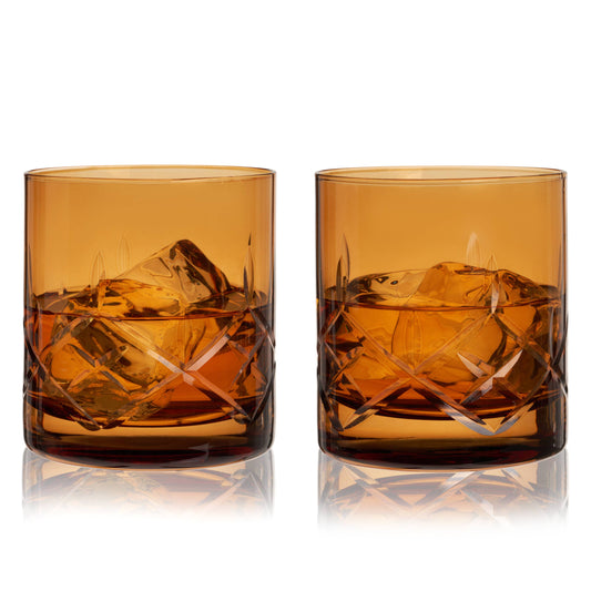 Viski Admiral™ Hand-Etched Crystal Rocks Glasses Amber | Set of 2