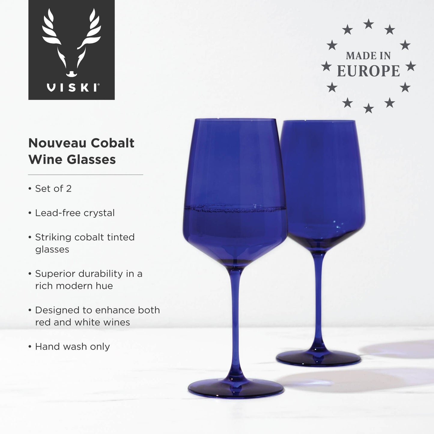 Viski Reserve Nouveau Crystal Wine Glasses Cobalt | Set of 2