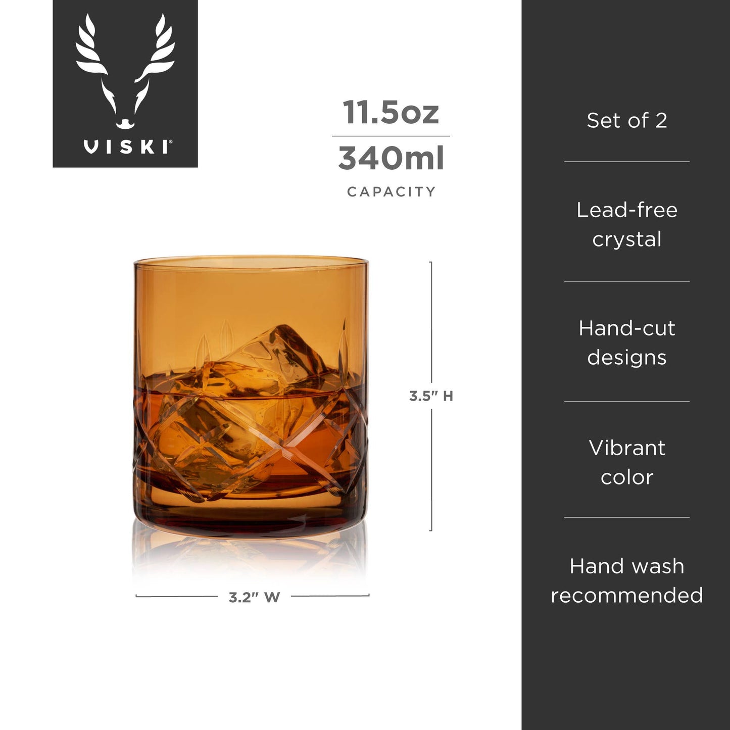 Viski Admiral™ Hand-Etched Crystal Rocks Glasses Amber | Set of 2