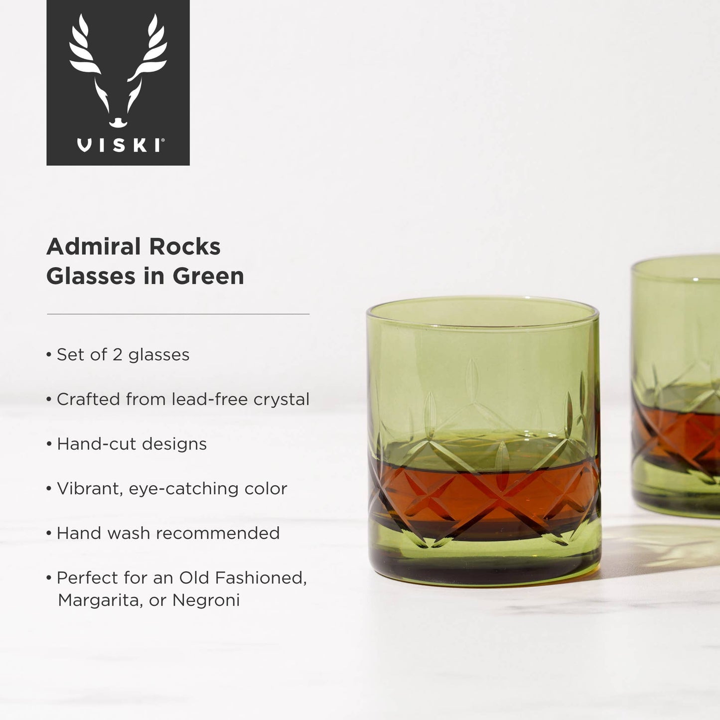 Viski Admiral™ Crystal Rocks Glasses Bottle Green | Set of 2