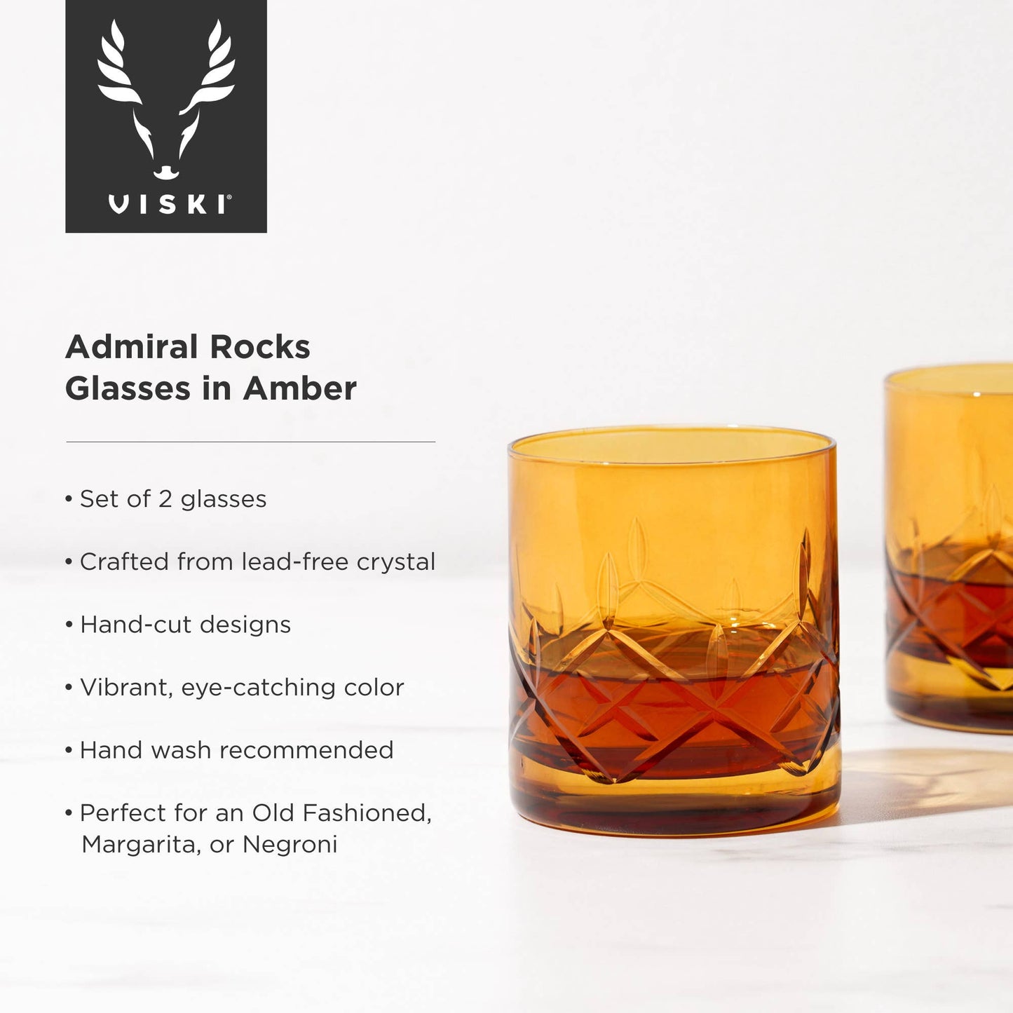 Viski Admiral™ Hand-Etched Crystal Rocks Glasses Amber | Set of 2