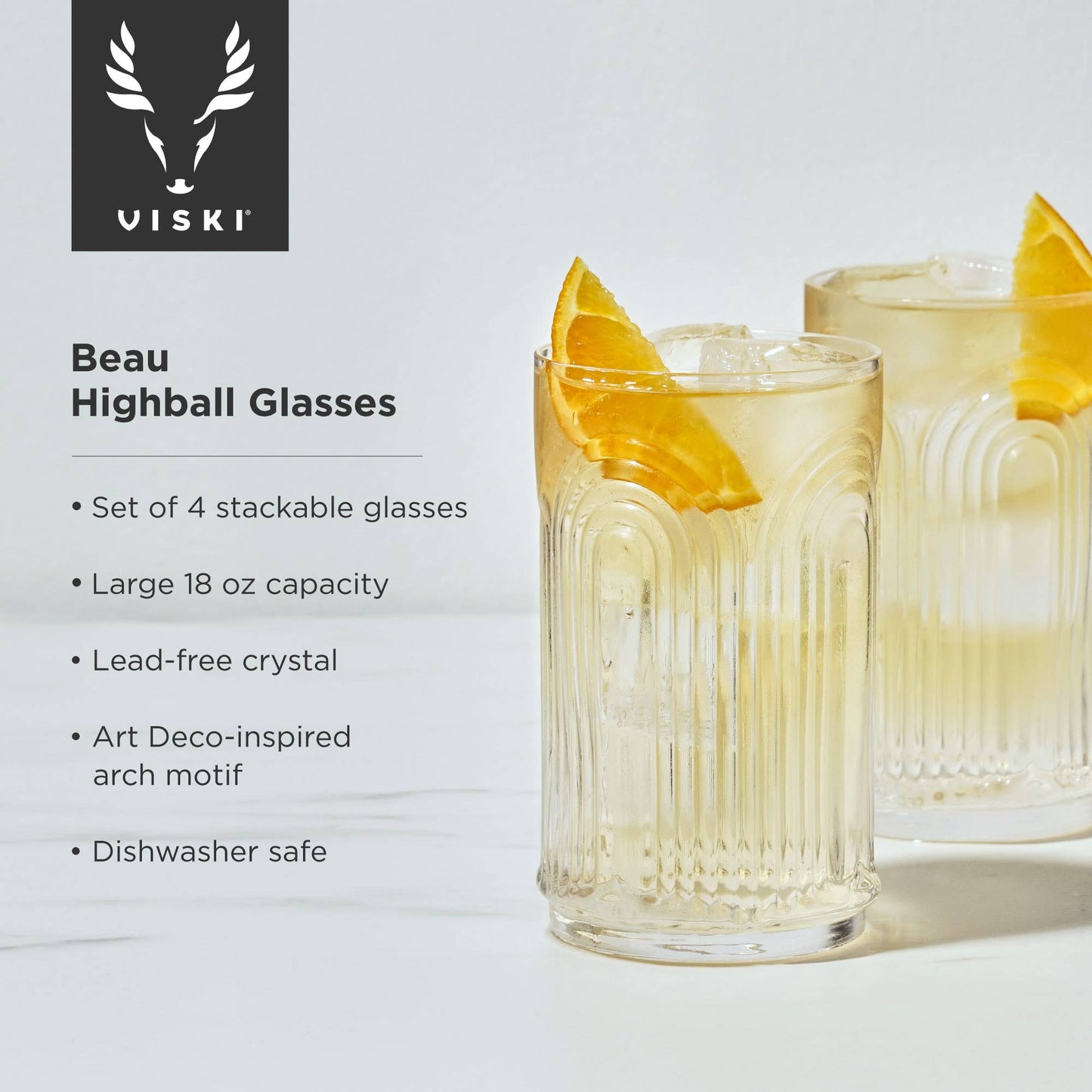 Viski Deco Beau Crystal Highball Glasses | Set of 4