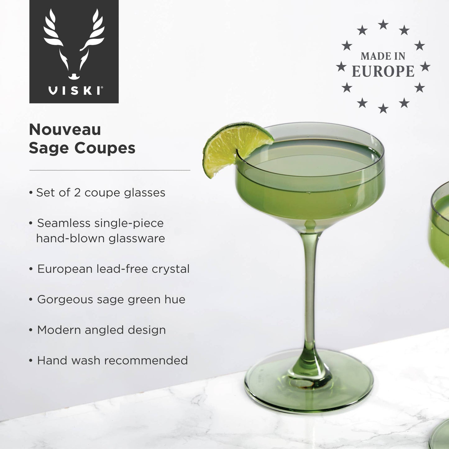 Viski Reserve Nouveau European Crystal Coupes Sage | Set of 2