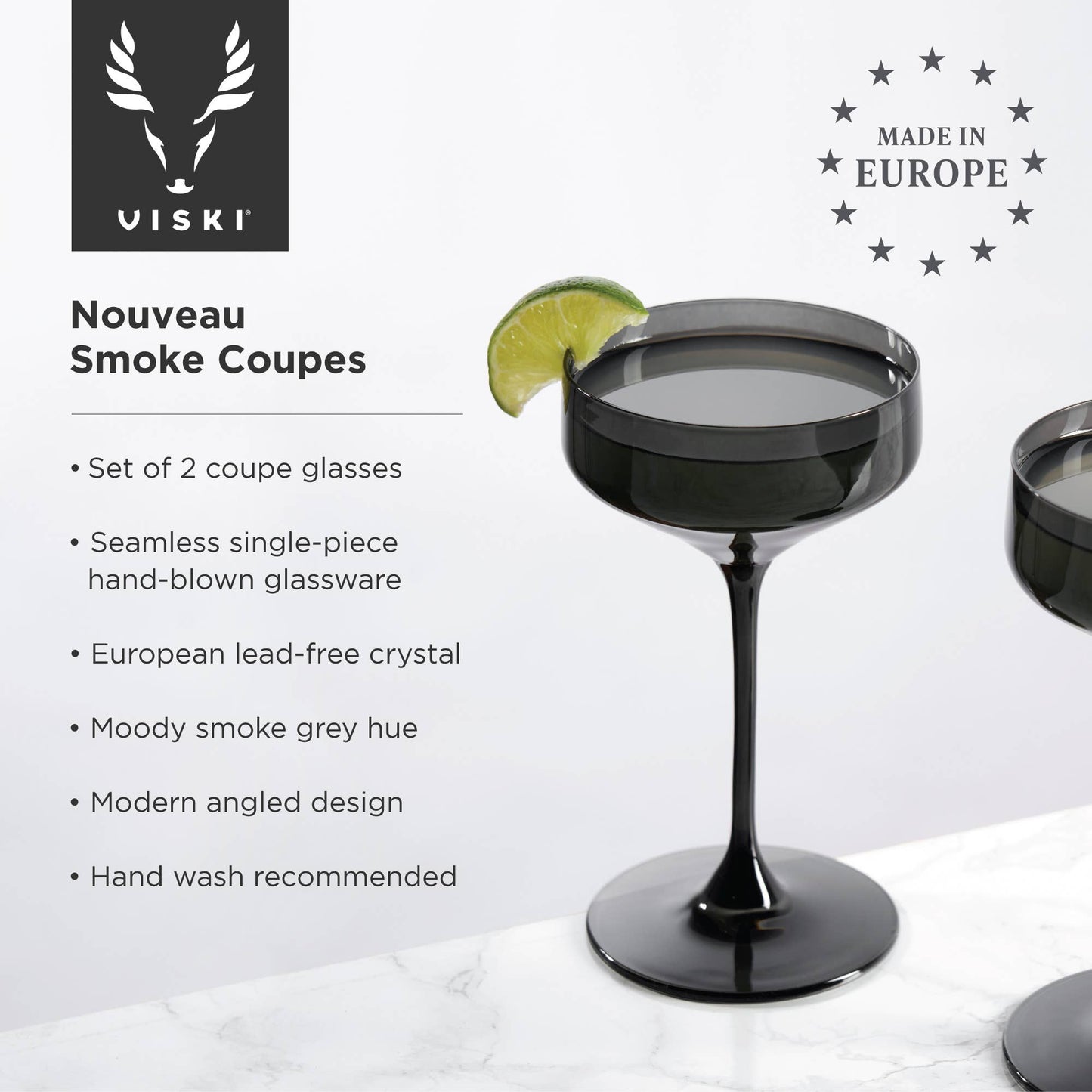 Viski Reserve Nouveau European Crystal Coupes Smoke | Set of 2